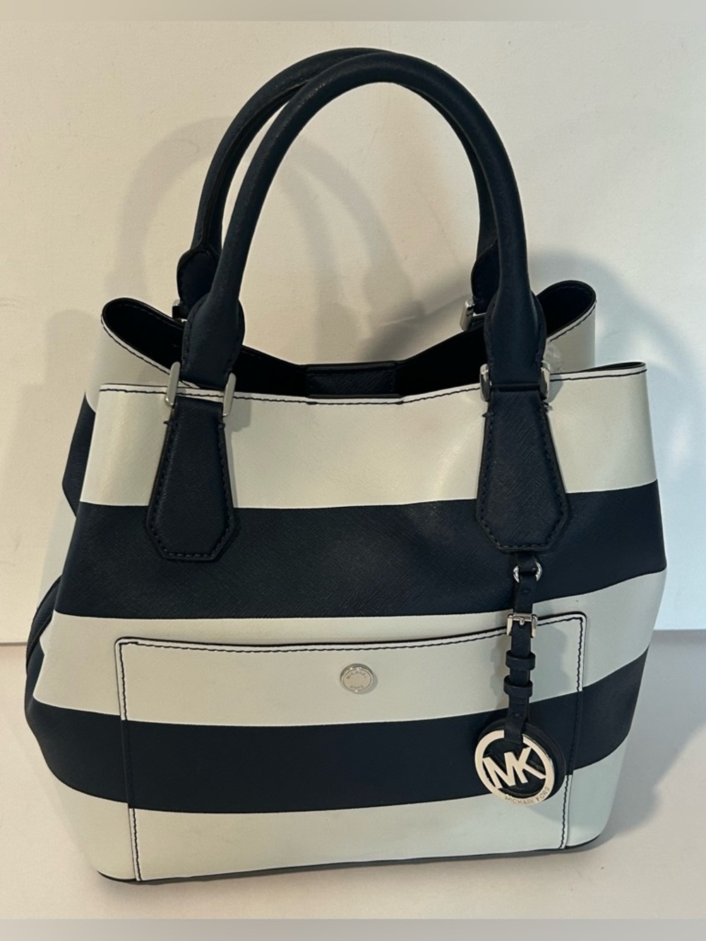 Michael Kors Navy White Stripe Satchel Structured bag vacation - Picture 5 of 12